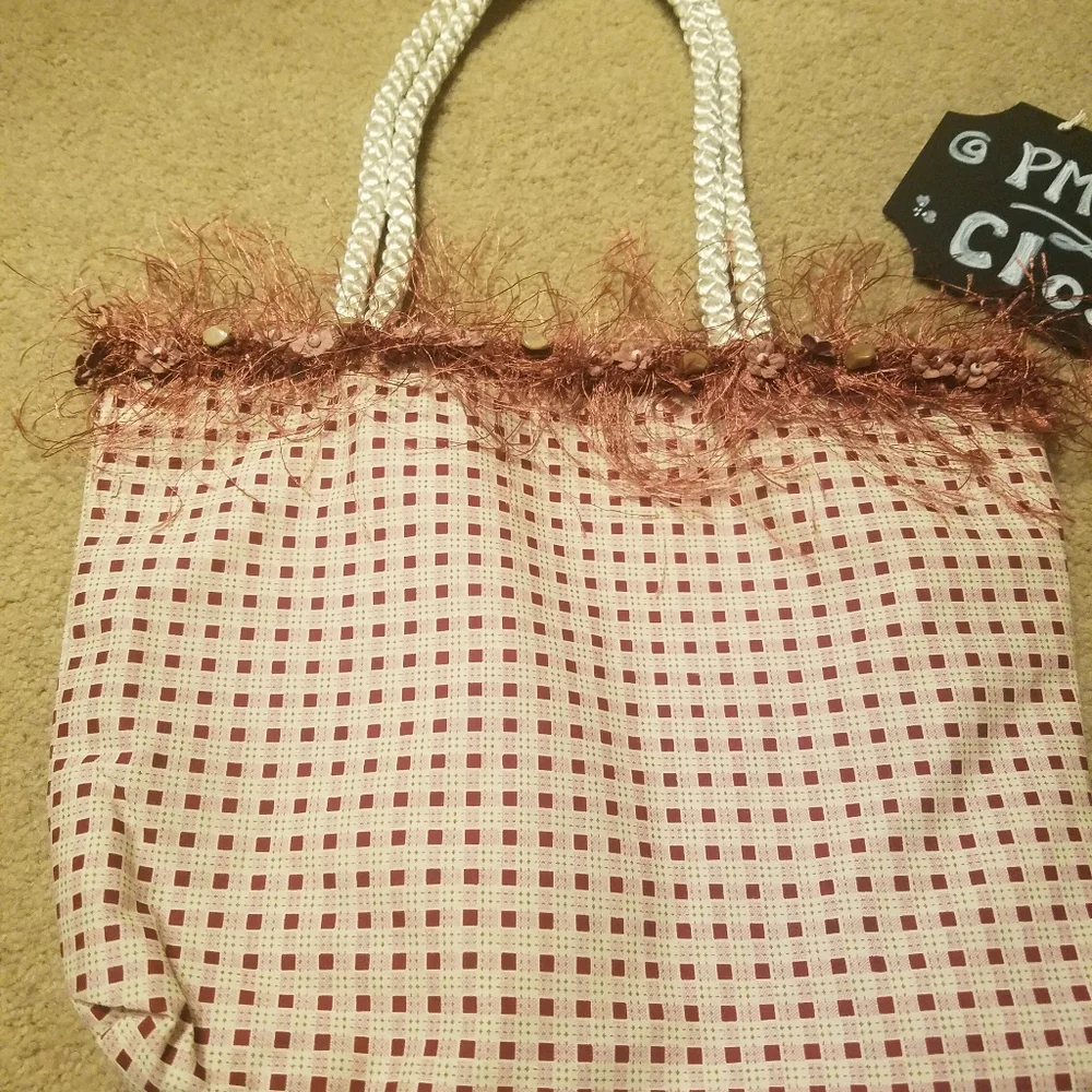 Pink Checked Tote Bag by Rosa with Beaded Trim